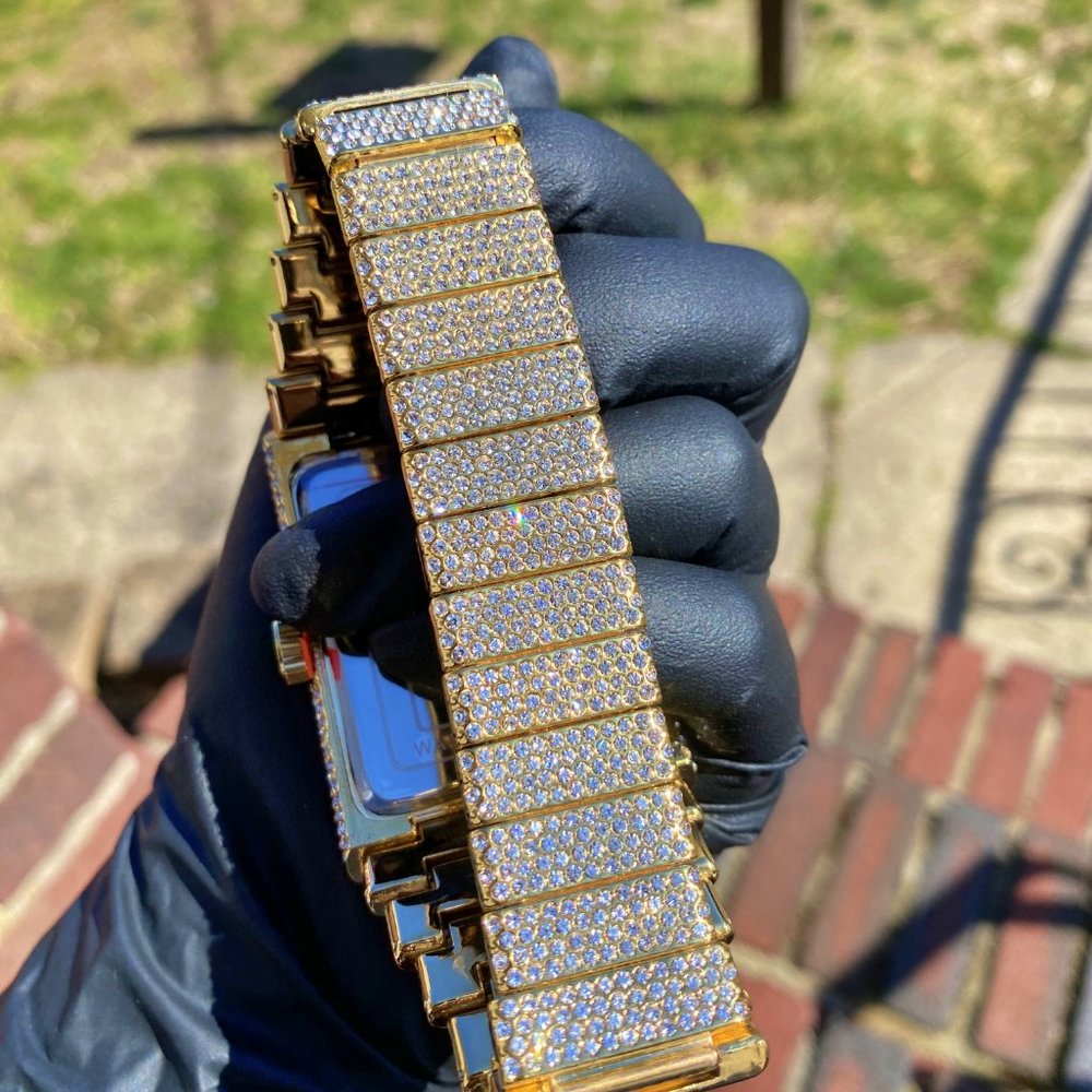 Full Iced Gold PT/ White Gold PT Hip Hop Rectangle Luxury Stylish Quartz Watch - Picture 10 of 16